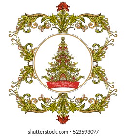 Decorative Christmas tree in the medieval-style frame. Good for greeting card for birthday, invitation or banner Stock line vector illustration.