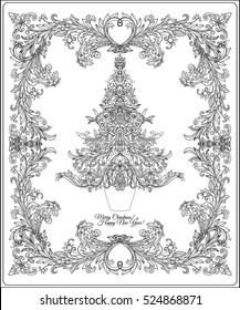 Decorative Christmas tree in the medieval-style frame. Outline drawing coloring page. Coloring book for adult. Stock line vector illustration.