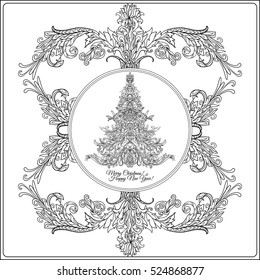 Decorative Christmas tree in the medieval-style frame. Outline drawing coloring page. Coloring book for adult. Stock line vector illustration.