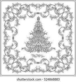 Decorative Christmas tree in the medieval-style frame. Outline drawing coloring page. Coloring book for adult. Stock line vector illustration.