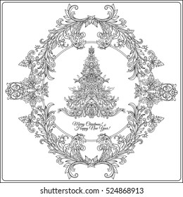 Decorative Christmas tree in the medieval-style frame. Outline drawing coloring page. Coloring book for adult. Stock line vector illustration.