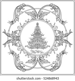 Decorative Christmas tree in the medieval-style frame. Outline drawing coloring page. Coloring book for adult. Stock line vector illustration.
