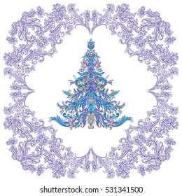 Decorative Christmas tree in the medieval-style frame. Good for greeting card for birthday, invitation or banner Stock line vector illustration.
