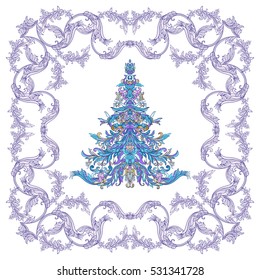 Decorative Christmas tree in the medieval-style frame. Good for greeting card for birthday, invitation or banner Stock line vector illustration.