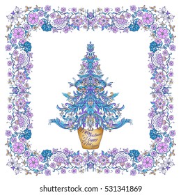 Decorative Christmas tree in the medieval-style frame. Good for greeting card for birthday, invitation or banner Stock line vector illustration.