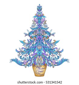 Decorative Christmas tree in the medieval-style. Good for greeting card for birthday, invitation or banner Stock line vector illustration.