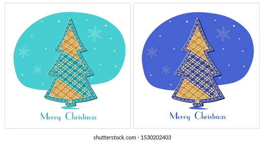 Decorative Christmas tree pattern for greeting card or sticker on turquoise and blue background. Vector
