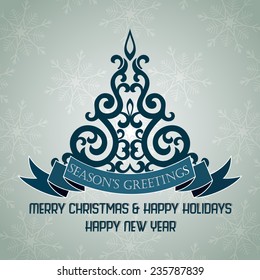 Decorative Christmas tree postcard ornament decoration background and label. Vector illustration Happy new year
