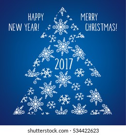Decorative Christmas tree with snowflakes. Happy New Year 2017. Congratulations, greeting card. Dark blue background. Vector illustration