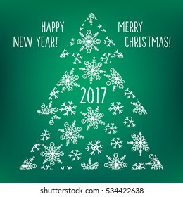 Decorative Christmas tree with snowflakes. Happy New Year 2017. Congratulations, greeting card. Dark green background. Vector illustration.