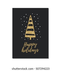 Decorative Christmas tree with snowflakes on dark background. Christmas hand drawn card. Vector design template with calligraphy text Happy holidays.