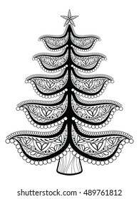 Decorative Christmas tree toy. Hand Drawn Vector illustration in zentangle style. Sketch for adult anti stress coloring pages, tattoo, New Year posters and greeting cards, t-shirt design