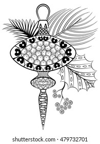 Decorative Christmas tree toy with mistletoe and fir branches. Vector illustration in zentangle style. Sketch for adult anti stress coloring pages, tattoo, New Year posters and greeting cards