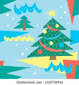 Decorative Christmas tree vector seamless pattern. Red, yellow, blue, green and orange colors.