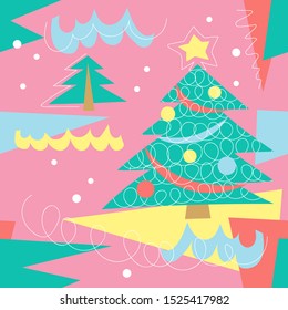 Decorative Christmas tree vector seamless pattern. Pink, yellow, blue, green colors.