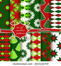 Decorative Christmas trees, abstract patterns, snowflakes, stars. Set of seamless Christmas illustrations. Set of seamless Christmas illustrations.