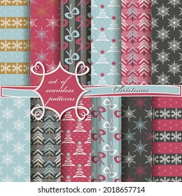 Decorative Christmas trees, abstract patterns, snowflakes, stars. Set of seamless Christmas illustrations. 