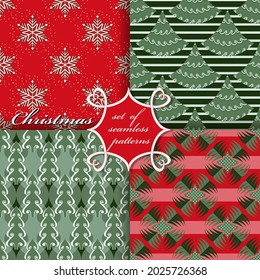 Decorative Christmas trees, abstract patterns, snowflakes, stars. Set of seamless vector Christmas illustrations. 