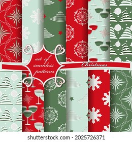 Decorative Christmas trees, abstract patterns, snowflakes, stars. Set of seamless Christmas illustrations. 