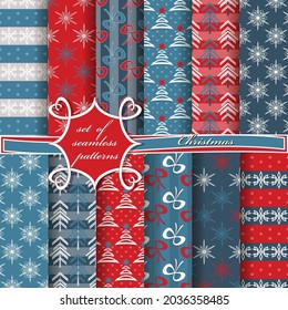 Decorative Christmas trees, abstract patterns, snowflakes, stars. Set of seamless Christmas illustrations. 