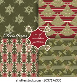 Decorative Christmas trees, abstract patterns, snowflakes, stars. Set of seamless vector Christmas illustrations. 