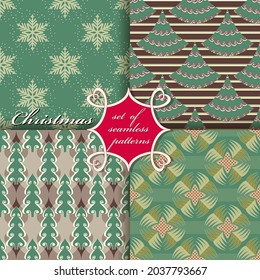 Decorative Christmas trees, abstract patterns, snowflakes, stars. Set of seamless vector Christmas illustrations. 