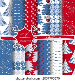 Decorative Christmas trees, abstract patterns, snowflakes, stars. Set of seamless Christmas vector  illustrations. 