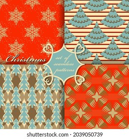 Decorative Christmas trees, abstract patterns, snowflakes, stars. Set of seamless vector Christmas illustrations. 