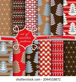 Decorative Christmas trees, abstract patterns, snowflakes, stars. Set of seamless Christmas vector  illustrations. 