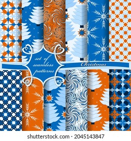 Decorative Christmas trees, abstract patterns, snowflakes, stars. Set of seamless Christmas vector  illustrations. 