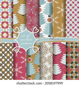 Decorative Christmas trees, abstract patterns, snowflakes, stars. Set of seamless Christmas vector  illustrations. 