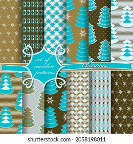 Decorative Christmas trees, abstract patterns, snowflakes, stars. Set of seamless Christmas vector  illustrations. 