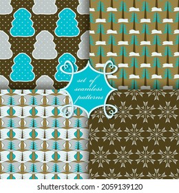 Decorative Christmas trees, abstract patterns, snowflakes. Set of seamless Christmas vector  illustrations. 