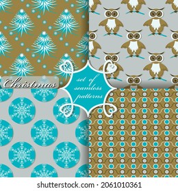Decorative Christmas trees, abstract patterns, snowflakes, stars. Set of seamless Christmas vector  illustrations. 