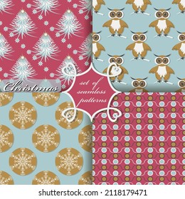 Decorative Christmas trees, abstract patterns, snowflakes, stars. Set of seamless Christmas vector  illustrations. 