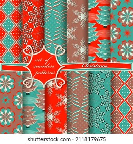 Decorative Christmas trees, abstract patterns, snowflakes, stars. Set of seamless Christmas vector  illustrations. 