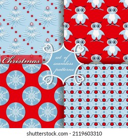 Decorative Christmas trees, abstract patterns, snowflakes, stars. Set of seamless Christmas vector  illustrations. 