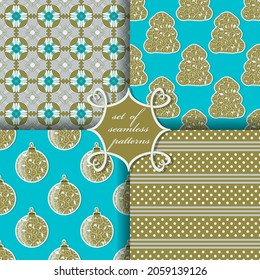 Decorative Christmas trees, balls, abstract patterns. Set of seamless Christmas vector illustrations.