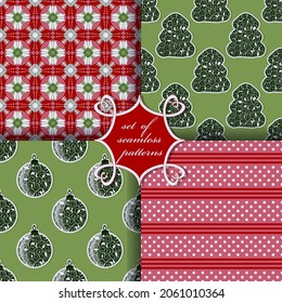 Decorative Christmas trees, balls, abstract patterns. Set of seamless Christmas vector illustrations.