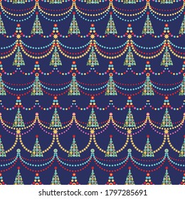 Decorative Christmas trees and decorations seamless patern