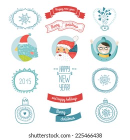 Decorative christmas vector elements happy new year. Santa, bird, kids, snowflakes, tea, balls, arrow and border. Vector christmas symbols 2015 isolated on white background