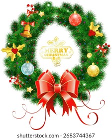 Guirnalda de Navidades decorativas con arco, caramelo, adornos y elemento de decoración. Ilustración vectorial Navidades aisladas corona