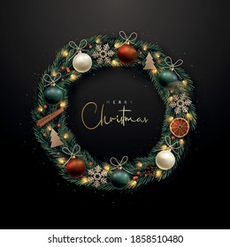 Decorative Christmas wreath with fir tree branches, golden snowflakes, shiny baubles, berries and glowing garland on dark background. Merry Christmas and Happy New Year. Stock vector illustration.