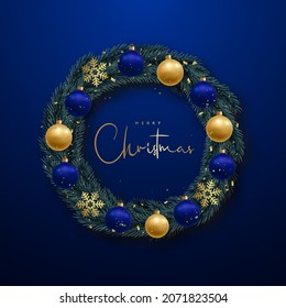 Decorative Christmas wreath. Luxury festive wreath with 3d shiny and blue and golden balls. Xmas template for posters, flyers, covers and invitation.