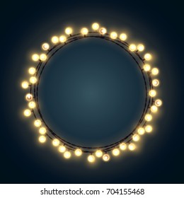 Decorative Christmas Wreath Made Of Yellow Incandescent Light Strings. Vector Illustration.