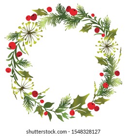 Decorative Christmas wreath with mistletoe leaves, fir branches and holly berries. Vector illustration.