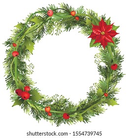 Decorative Christmas wreath with poinsettia, mistletoe leaves, fir branches and holly berries. Vector illustration.