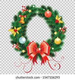 Decorative Christmas wreath with red bow, candy, baubles and Christmas decoration. vector illustration isolated on transparent background