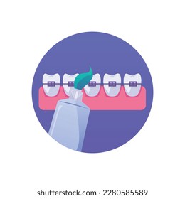 Decorative circle badge or banner design with teeth in orthodontic braces and toothpaste tube, flat vector illustration isolated on white background.
