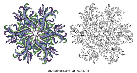 Decorative circle black and white line pattern and example for coloring